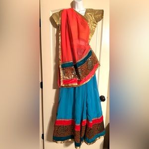 Lehenga set,beautiful Indian outfit, Chaniya choli set, Blue, pink gold 3 pc set